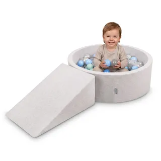 KiddyMoon Spielplatz mit bällebad 90x30cm und Rampe 200 Bälle 7cm Schaumstoff ballgrube für Baby und Kleinkinder - Hellgrau: Perle Grau Transparent Babyblue Minze