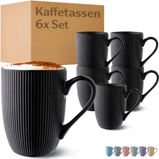 Cosumy Kaffeetassen 6er Set Modern Schwarz - Einzigartiges Streifenmuster - Matt Keramik - Mikrowellenfest - Spülmaschinenfest & Komfortabler Griff