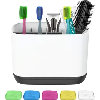 HGMD Zahnbürstenhalter mit 5 Reisefächern - Badezimmer-Organizer - 6 Sortierfächer - Mit Tropfschale -Weiß