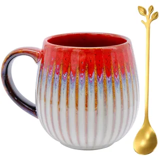 inheming Kaffeetasse aus Keramik, 500ml Kaffeetasse Groß,Handgefertigte Kaffeetassen aus Porzellan, Vintage Tee Tasse Latte Tassen becher Teegläser, Tasse mit Blattgold-Löffel für Büro und Haus