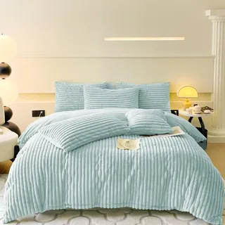 Flauschige Bettwäsche Plüsch Kuschel Fleece Flanell Kunstfell Extra Warm für Winter mit Kissenbezug 80x80 und Reißverschluss (Grün, 135x200cm + 80x80cm 2tlg)