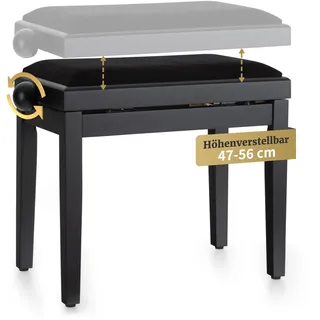 Classic Cantabile Pianobank Schwarz-matt - Höhenverstellbar von 47-56cm - Klavierhocker mit Spindelmechanik - Klavierbank Sitzfläche 55 x 32cm - Schwarzer Klavierstuhl mit Velourbezug, stabil