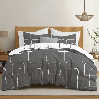 Dreamzie Bettwäsche Set 200x200 cm mit 2 Kissenbezügen 80x80 cm - Muster Karos Grau - Bettwäsche 200x200 Erwachsene aus 100% Mikrofaser - Zertifiziert ohne Chemikalien (Oeko TEX)