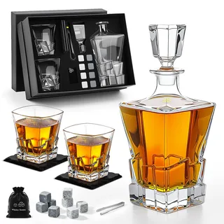 Focenat Whisky Karaffe Set, Whiskey Geschenkset, Dekanter 800ML, 2 Gläser, 8 Steine, Whisky Karaffe und Gläser Set, Whiskygläser Geschenke für Männer