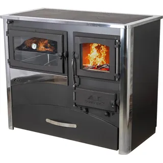 Kaminofen mit Backfach und Herdplatte ABC Concept 2 Air Links Mehrfachbelegung Holzofen 11,6 kW Kamin Ofen Holz Werkstattofen Schwedenofen Hüttenofen - Schwarz, Silber