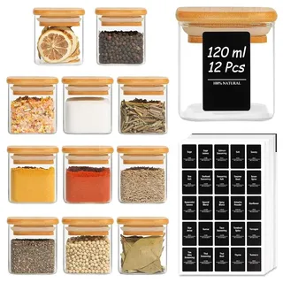 ComSaf Gewürzgläser mit Etiketten 120 ml 12 Stück, Gewürz Organizer Eckig mit Holzdeckel Glas, Gewürzdosen Luftdicht, Gewürzstreuer, Vorratsdosen