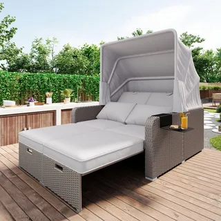 Polyrattan Gartensofa 2-Sitzer mit abnehmbarem Sonnendach & ausziehbarer Fußstütze - Wetterfeste Sonneninsel Lounge-Sofa für Garten & Terrasse, 300kg belastbar - Khaki - Grün