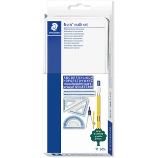 STAEDTLER 557 11 Geometrieset – 11-teilig, mit Zirkel | Geodreieck, Lineal 15 cm, Winkelmesser 180°, 2 Bleistifte & Radierer – Art.-Nr. 557 11