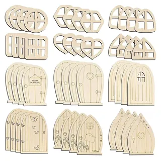 Bastelset für Feentüren aus natürlichem Holz, 48-teilig, für Mini-Türen und unlackierte Kiefernholzstücke zur kreativen DIY-Heim- und Gartendekoration (Retro-Stil)