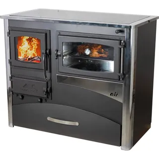 Kaminofen mit Backfach und Herdplatte mit Glaskeramik ABC Concept 2 Air Rechts Mehrfachbelegung Holzofen 11,6 kW Kamin Ofen Holz Werkstattofen - Schwarz, Silber