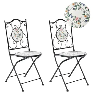 BELIANI Gartenstuhl 2er Set Schwarz Metall Klappbar Faltbar Mosaik Blumenmuster Vintage Stil Balkon Garten Terrasse - Schwarz, Weiß