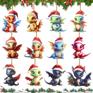12 Stück Weihnachtsdeko Dinosaur, Drachen Weihnachtsdeko Anhänger, 2D Acryl Drachen Weihnachten Deko, 2024 Fröhliche Lustige Puppen Ornamente für Weihnachtsbaum Dekorationen Partydekoration