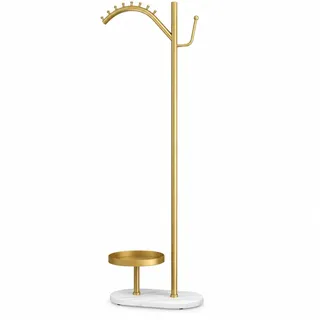 Goldener Kleiderständer aus Metall mit Marmorsockel und geschmiedetem Stahl-Finish zum Stehen von Garderobenständern, im Eingang, Flur, Schlafzimmer, Schals, Kleidung und Handtaschen (170 cm hoch)