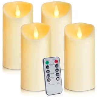 Auralome Led Kerzen mit Timerfunktion - Elektrische Stumpenkerzen Groß D7.5 cm Flackernde Fernbedienung Flammenlose LED Candles Draußen Batterie Candles Outdoor Künstliche Flamme Kerze 4 Stück