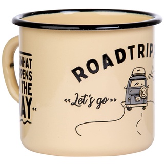 MUGSY I Emaille Tasse Roadtripping | mit Campingbus Motiv und Spruch | 330 ml, Emaille Becher, Camping Ausrüstung (Gelb)