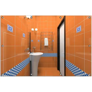 Wallario Outdoor-Poster für Garten oder Balkon, Motiv Modernes Badezimmer in orange mit blauen Fliesen, in ca. 100 x 150 cm - Braun
