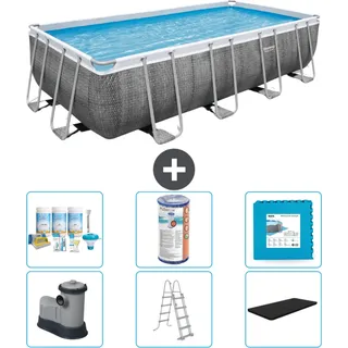 Bestway rechteckiges Power Steel-Schwimmbecken – Rattan-Druck – 549 x 274 x 122 – inklusive Pumpe – Leiter – Abdeckung Wartungspaket - Filter - Bodenfliesen