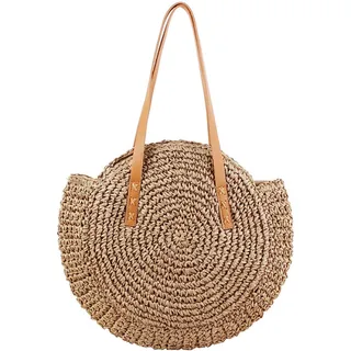 LATRAT Strohtasche, Damen Crossbody Tasche Retro Runde Strandtasche Shopper Korbtasche Groß Schultertasche, für Frauen Reisen Urlaub Freizeit Geflochten Tasche, Braun