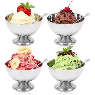 Hapivida Edelstahl Eisbecher mit Fuß, 4er Set Wiederverwendbare Dessertschale für Eis, Tiramisu, Creme Brulee, Spülmaschinenfeste Servierschale für Erwachsene