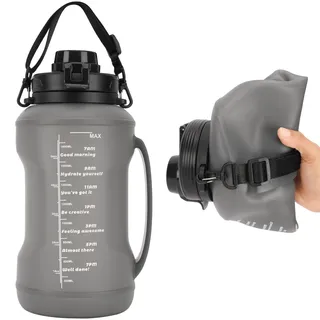 Belle Vous Trinkflasche 2 Liter - Zusammenklappbar - Silikon - Thermoskanne 2 L - mit Griff und Strohhalm - Wiederverwendbarer Becher 2l - für Camping und Fitnessstudio - Grau