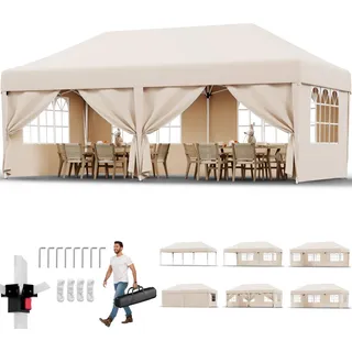 JUMMICO Pavillon 3x6 Wasserdicht Stabil Winterfest mit 6 Seitenwänden,Faltpavillon Höhe Verstellbar,partyzelt Pavillion UV Schutz 50+,Gartenpavillon Faltzelt für Garten, Innenhof, Gazebo Beige