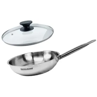 Fackelmann 9437750 Pfannenset mit 1 Bratpfanne, 20 cm aus Edelstahl 18/8 und Glasdeckel Eterna, Pfanne für alle Herdarten, Induktionsherde, PFAS-freie Pfanne, genieteter Griff, Edelstahl
