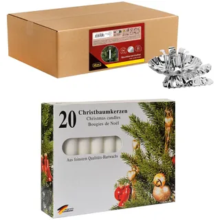 Idena 90486 - Baumkerzenhalter für den Weihnachtsbaum, 20 Stück in Silber inkl. 20 Baumkerzen in Weiß, Vintage Kerzenhalter aus Metall, mit Clip für Äste bis 1,5 cm Dicke