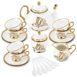 fanquare 21 Stück Britisches Porzellan Teeservice, Gold Tulip Teeservice für Nachmittagstee Party, 6 Teetassen und Untertassen für Kaffee Zuhause Hochzeit Geburtstag