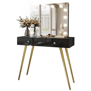 Schminktisch Sienna Gold Elite mit Spiegel , Goldfarben, Schwarz Hochglanz , Holzwerkstoff , 100x81x42 cm , Schlafzimmer, Schminktische