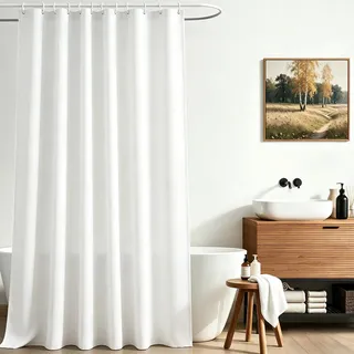 Lerores Duschvorhang 180x220cm Reinweiß, Beschwerter Saum Antischimmel Textil, Wasserabweisend, Waschbar Polyester Stoff Badevorhänge für Badezimmer, Badewanne mit 12 Duschvorhangringe