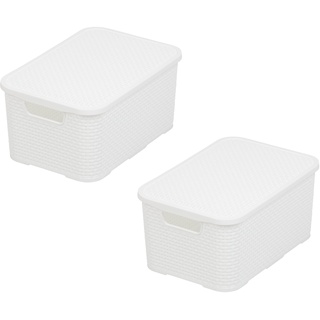 BranQ Home essential Korb mit Deckel in Rattan Design 2er Set Grösse M 19 l, BPA-frei Kunststoff PP, Weiß, 28,8x19,7x16,2 cm, 2 STK.