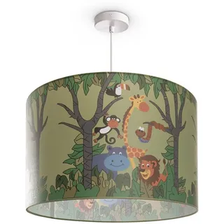 Paco Home Pendelleuchte Kinderzimmer Deckenlampe Stoff Lampenschirm Dschungel Tier-Motiv E27, weiß