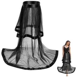 CABODYALS 110cm Doppellagiger Schwarzer Tüllrock Lang Transparentes Netz Tutu Maxi Überzugsröcke Polyester Hohe Taille Abnehmbares Bikini Spitzen Überrockkleid Für Frauen Hochzeit Rave Party Cocktail
