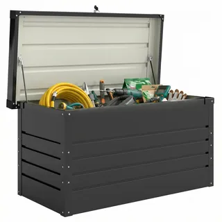 Outsunny Gartenbox Metall 450L Kissenbox mit doppelwandig Deckel Handschuhe 120x61x62 cm Wasserabweisend Abschließbar Auflagenbox Aufbewahrungsbox Outdoor Box Gartentruhe für Garten Balkon Grau