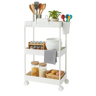 Relaxdays Rollwagen, 3 Etagen, Servierwagen, Küchenwagen Bad & Büro, Rollregal, HBT: 62,5x40x22 cm, Bastelwagen, weiß