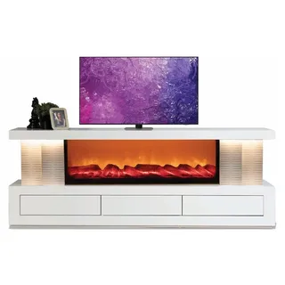Stilvolles weißes TV-Lowboard mit Kamin, Bluetooth und Schublade