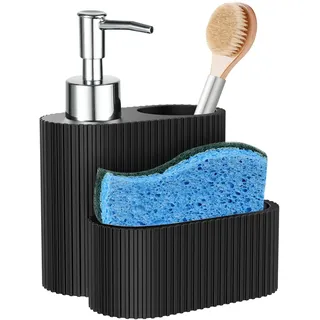 Shinowa Seifenspender mit Schwammhalter, Marmor Look flüssige Hand und Dish Seifenspender und Schwamm Caddy mit Bürstenhalter, 3 in 1 Countertop Veranstalter für Küche und Bad, Mattschwarz