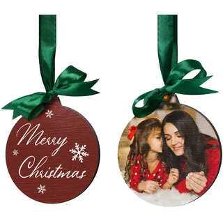 Personalisierte Weihnachtskugel Foto - Christbaumkugel Holzanhänger Weihnachten personalisiert - Christbaumschmuck Holz weiß rot - Baumschmuck Deko Weihnachten