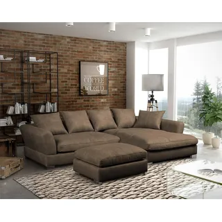 Couchgarnitur TIZIAN L-Form Wildlederoptik- Cappuccino/ Rechts+ Hocker - Braun