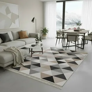 jimri Fashion4Home Teppich Läufer - Tepiche für Wohnzimmer, Schlafzimmer, Küche, Kinderzimmer, Badezimmer - Boho Kelim - Läufer Flur, Karo-Grau, Größe: 120x170 cm