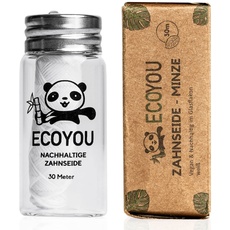 EcoYou Zahnseide nachhaltig aus Bambus-Aktivkohle im plastikfreien & wiederverwendbaren Glas-Flakon - vegan mit Minz Geschmack - weiß, 30 m