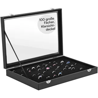 H&S Schmuckaufbewahrung & Ringhalter Schmuckkasten - Schmuck Organizer mit Deckel und Samtauskleidung in schwarz - Schmuckschatulle groß - Ring Ohrring Aufbewahrung