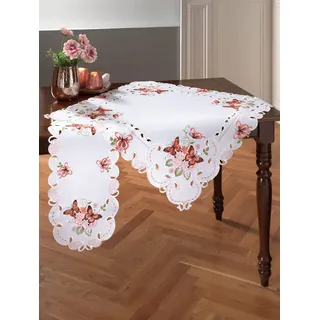 Raebel OHG Tischdecke 40x140 cm Oval Sekt Schmetterlinge Rot Bunt Gestickt Tischläufer Aufleger Frühling Sommer (40 x 140 cm)