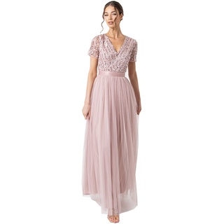 Maya Deluxe Damen Ballkleid Abendkleid V-ausschnitt Maxi Länge Pailletten Kurze Ärmel Für Hochzeit Geburtstag Brautjungfer Bridesmaid Dress, Frosted Pink, 54 EU