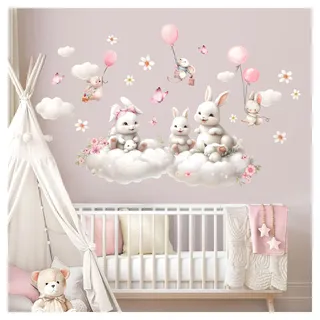 Little Deco Wandsticker Hasen auf Wolken Wandtattoo Kinderzimmer Blumen Set Wandaufkleber Babyzimmer Maus Ballon Schlafzimmer Wanddeko DL5055-05