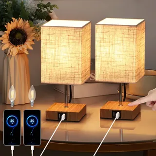 Lightess 2er Set Nachttischlampe Touch Dimmbar Holz Tischleuchte USB LED Tischlampe Dimmbar Modern Retro Stoffshirm mit E14 Glühbirne Warmweiss für Wohnzimmer Schlafzimmer Tisch Kinderzimmer, Beige