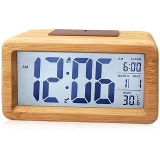 GOMETY Wecker aus Holz Digital, mit Großem LCD-Display, Klein Tischuhr mit Datum, Teperatur Anzeige, Uhr mit Snooze Moduls für Schlafzimmer Büro (Massivholz zweifarbig)