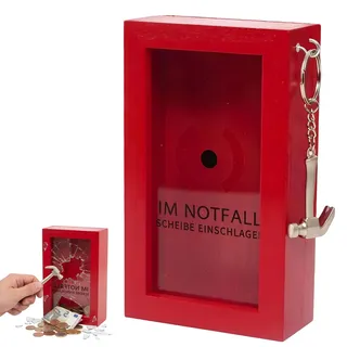 Sparschwein mit Hammer, Lustige Notfallbox als Geschenk für Erwachsene, Holz-Spardose zum Zerschlagen, 15 cm