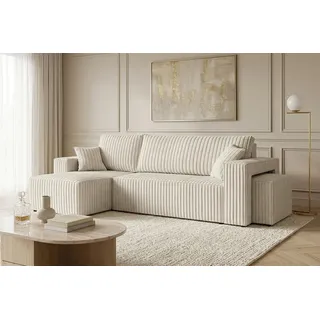 Kaiser Möbel Ecksofa mit Schlaffunktion und Pouf, Cordstoff Tilia, Ecru, Links, BEST L mit Pouf - Beige