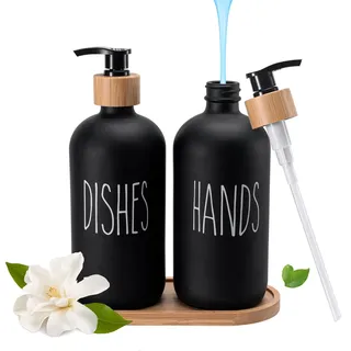 Glas Seifenspender Set,500ml Seifenspender Schwarz Matt Badezimmer Set, Shampoo Lotion Handseifenspender für Küche Arbeitsplatte